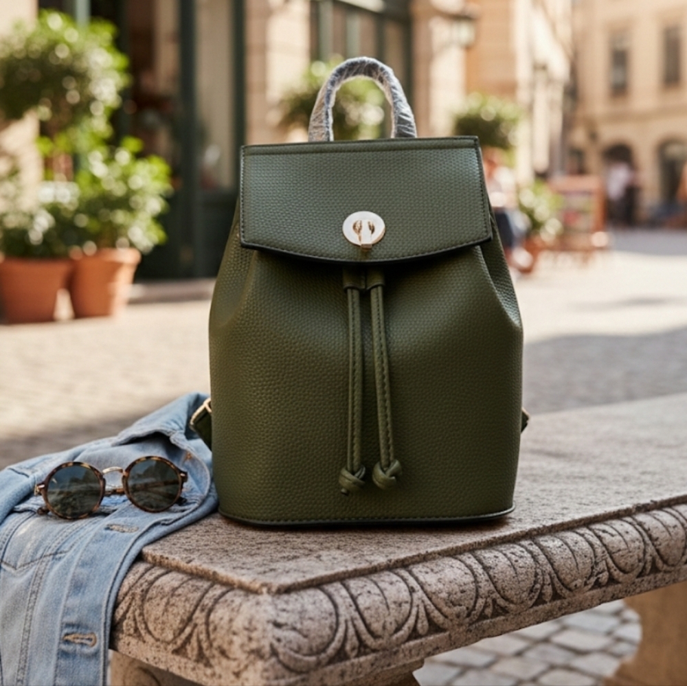 NWT Isabelle Olive Green Vegan Leather Drawstring Flap Backpack – PETA Approved